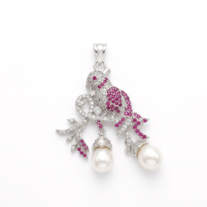 Exquisite Ruby and Pearl Bird Pendant in Silver/White Gold Finish